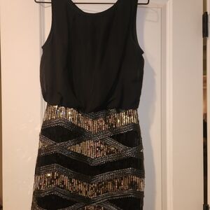 Crystal Doll Black and Gold Sequin Sheath Mini Dress
